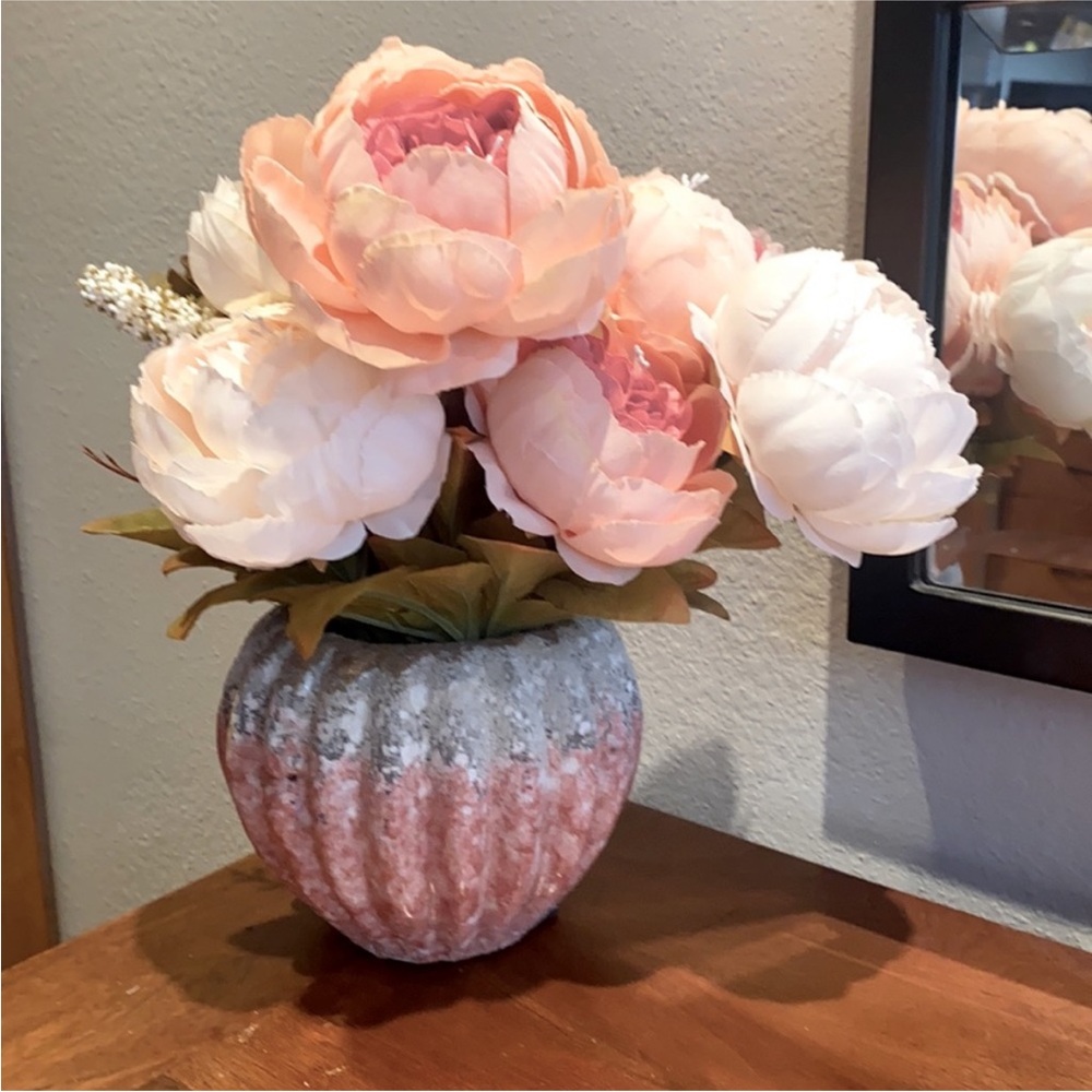 Pink Glazed Terracota Vase with Silk Flowers - Anthropologie